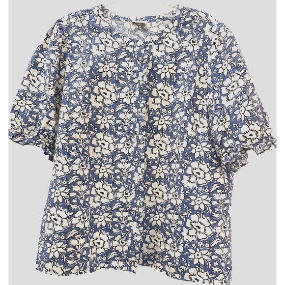 J Crew Factory Button Shirt XL Blue Floral Linen Blend Ruffle Puff Sleeves Top - Picture 1 of 7